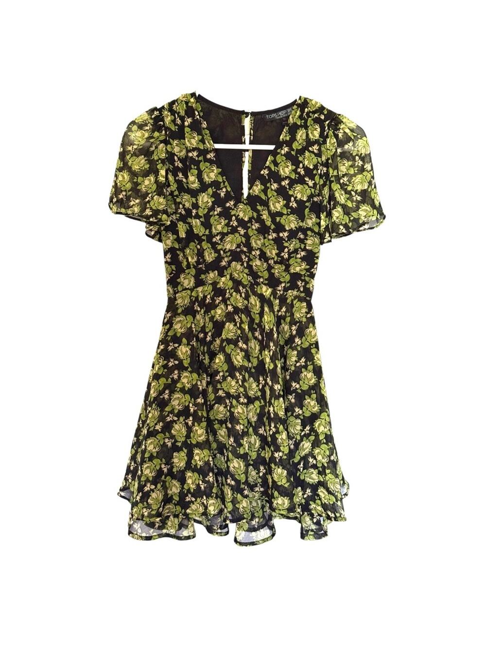 Topshop Petite Black Floral Mini Dress Puff Sleeve Fit & Flare Cutout Size US 0